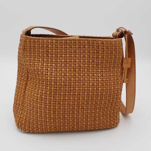 Fossil Crossbody Bag Y2K Woven Straw Tan Leather Strap Vintage Shoulder Purse - Picture 1 of 13